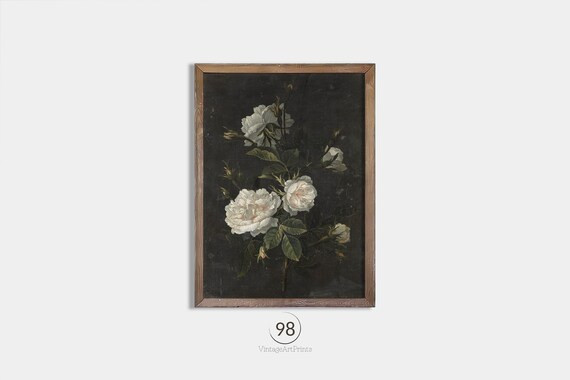 Vintage White Rose Oil Painting | Rustic Botanical Wall Art Print | Antique Flowers Farmhouse Dec... | Etsy (UK)