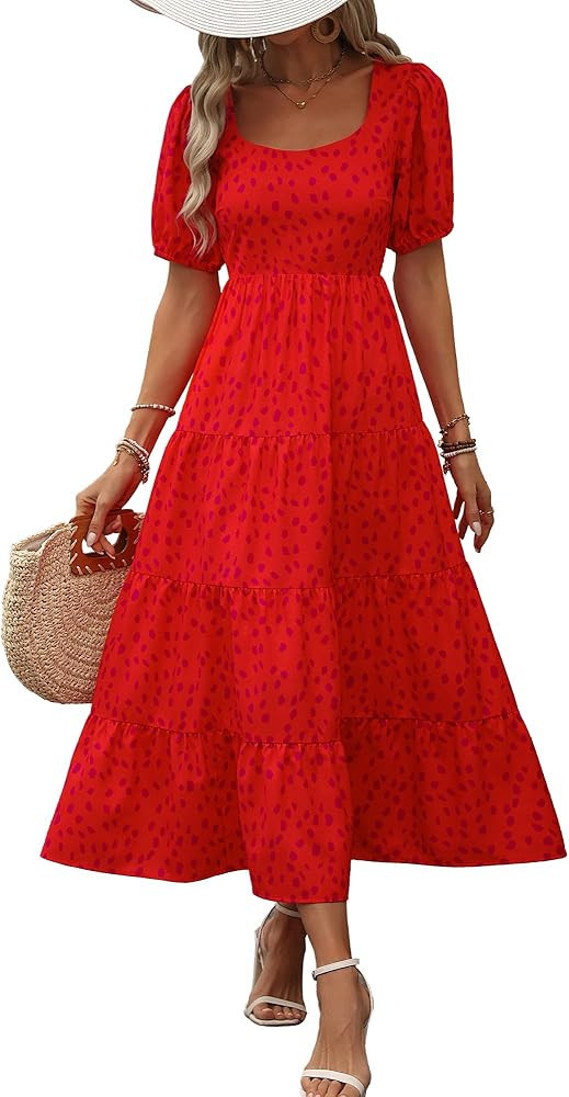 BTFBM Women's Boho Summer Dresses Short Sleeve Floral Print Smocked Tie Back Tiered A-Line Flowy ... | Amazon (US)