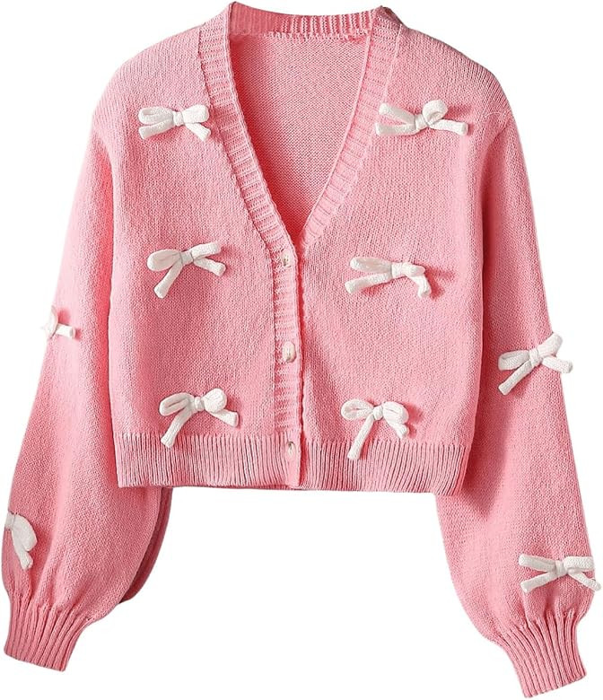 SHENHE Girl's Bow Button Down Knitted Cardigan V Neck Loose Cute Crop Sweater Outwear | Amazon (US)