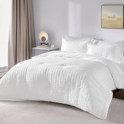 CozyLux Full/Queen Bed in a Bag White Seersucker Comforter Set with Sheets 7-Pieces All Season Be... | Amazon (US)