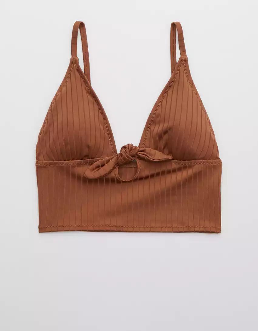 Aerie Ribbed Shine Longline Tie Front Triangle Bikini Top | American Eagle Outfitters (US & CA)