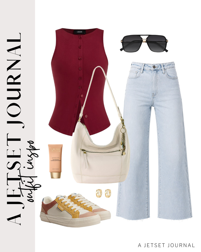 We love this combo of a burgundy button-down tank top and Allimy ripped capri jeans. The Sak Sequoia Leather bag and Rocket Dog Cheery platform sneakers complement this fit. You can wear these SOJOS aviator sunglasses for this fit, too. 

 #LTKSeasonal #LTKSaleAlert #LTKTravel