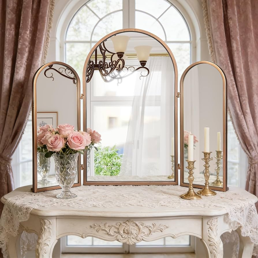 BAODANFU Vintage Gold Trifold Vanity Mirror, 3 Way Mirror for Makeup Room, Dressing Room, Bedroom... | Amazon (US)