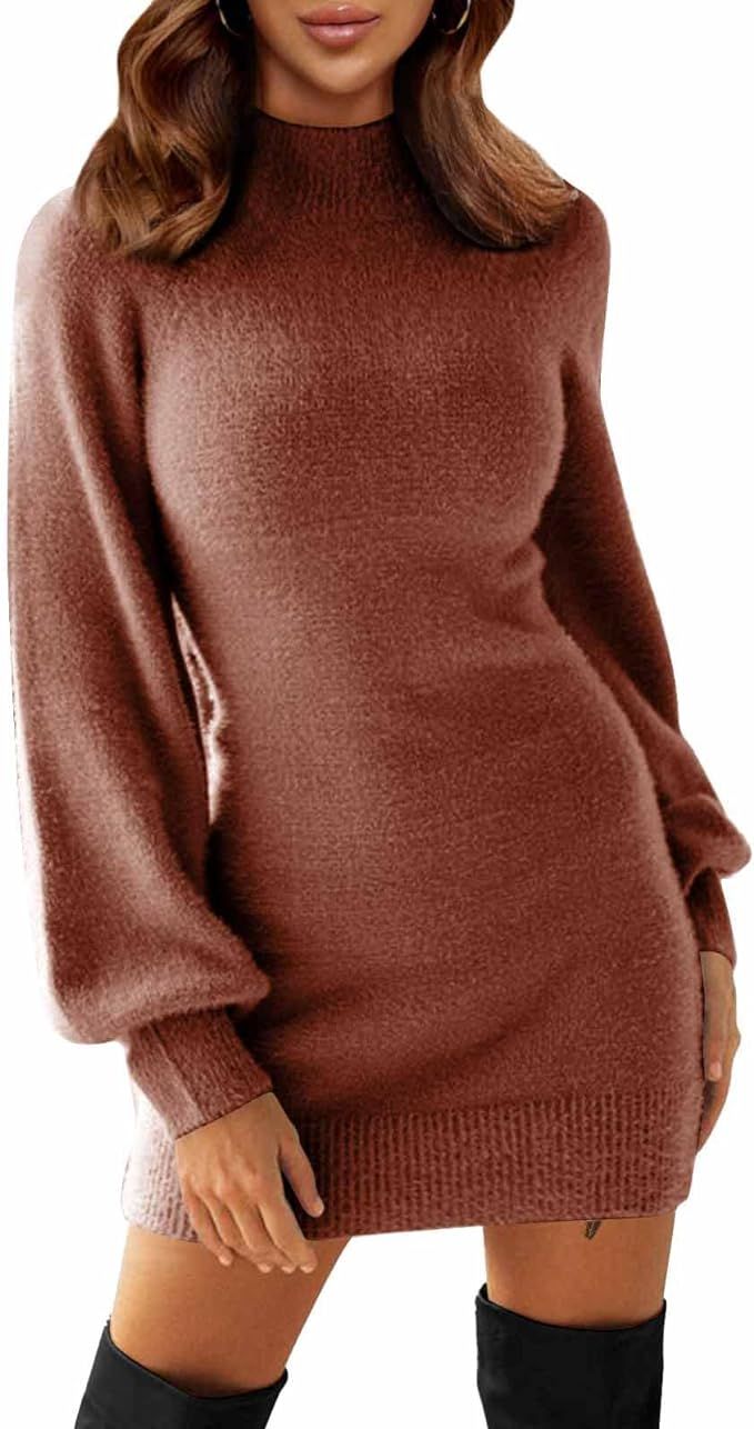 EXLURA Women's 2024 Mock Neck Ribbed Long Sleeve Bodycon Pullover Cute Mini Sweater Dress | Amazon (US)