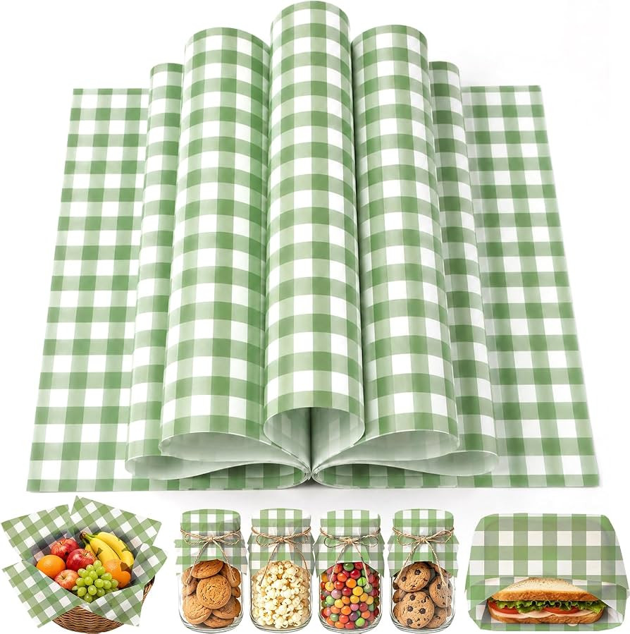 150 Sheets Sage Green Plaid Wax Paper for Food Deli, 9.8 x 8.3'' Gingham Plaids Greaseproof Wrapp... | Amazon (US)