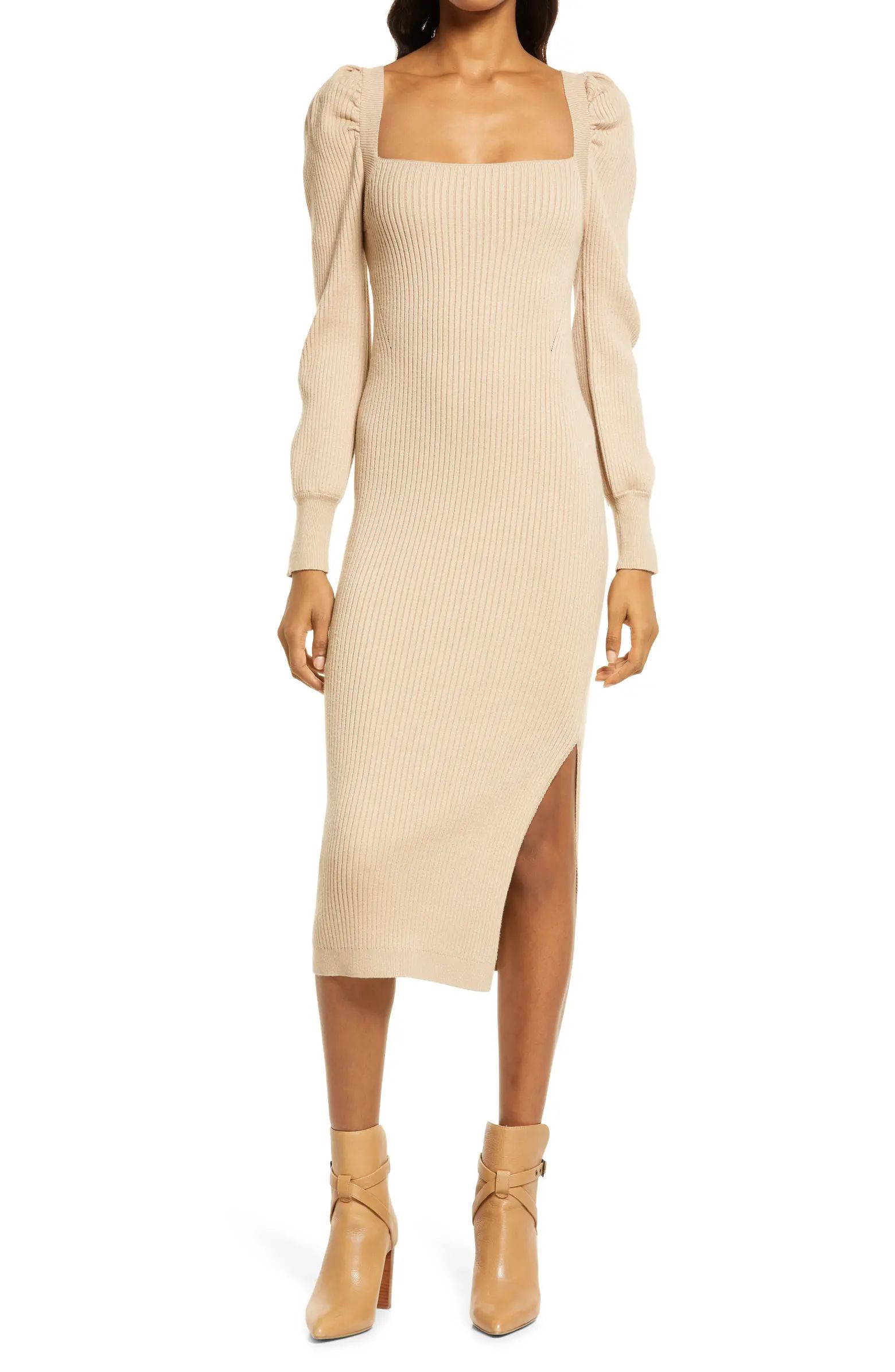 Square Neck Tie Back Puff Long Sleeve Sweater Dress | Nordstrom