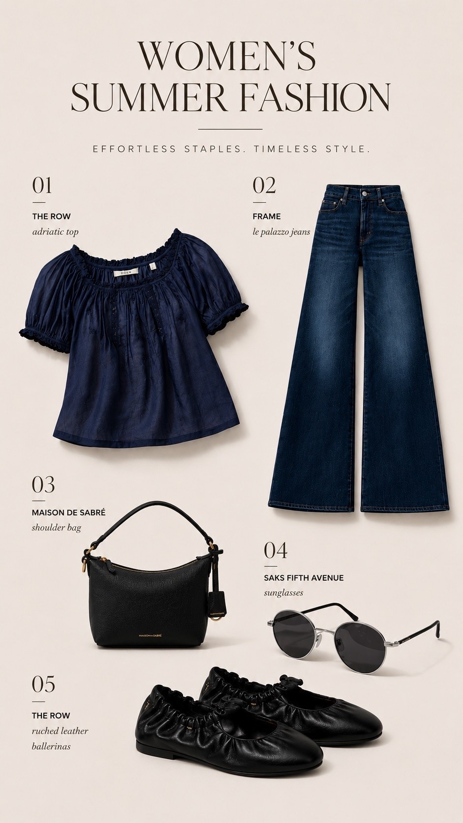 This outfit from @saks the definition of elevated summer dressing. A romantic navy top paired with dark wash wide leg denim, sleek black accessories, and timeless ballet flats creates that polished quiet luxury look that feels effortless but incredibly chic.

The navy blouse adds softness and texture while the FRAME palazzo jeans balance the silhouette perfectly. Finished with classic black accessories that make this entire outfit feel minimal, refined, and endlessly wearable from day to night. #Saks #SaksPartner