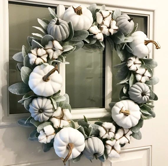 Fall Wreath | Neutral | Farmhouse Wreath | White Pumpkin Wreath | Pumpkin Cotton Wreath | Lambs E... | Etsy (US)