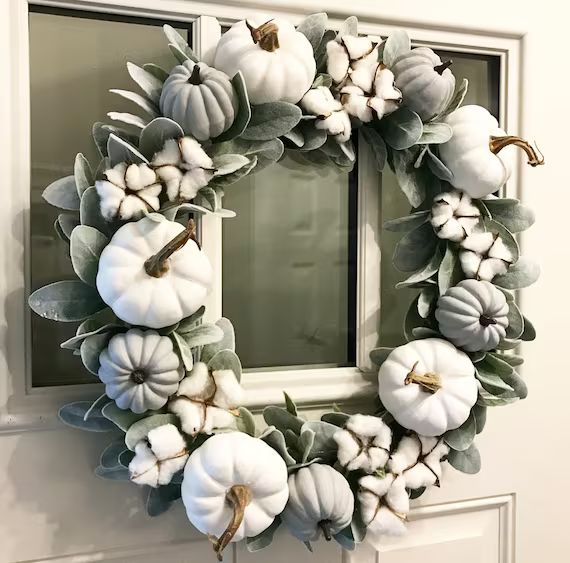Fall Wreath | Neutral | Farmhouse Inspired | Handmade | White Pumpkin Wreath | Pumpkin Cotton Wre... | Etsy (US)