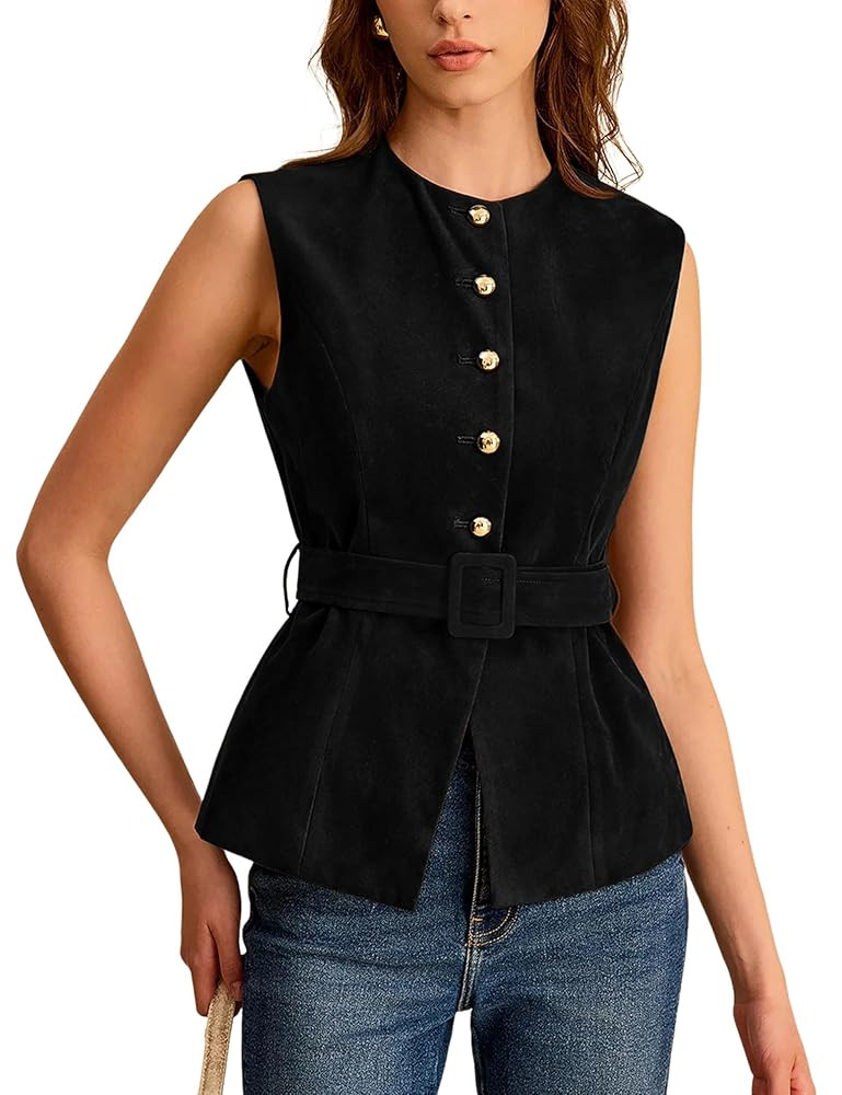 Lentta Womens Suede Vest Crew Neck Sleeveless Button Down Dressy Suit Waistcoat with Belt | Amazon (US)