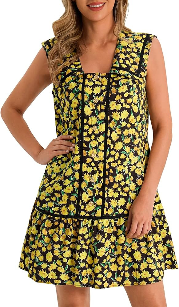 Wenrine Womens Mini Shirt Dress Casual Floral Sleeveless Collared Button Down Summer Dresses | Amazon (US)