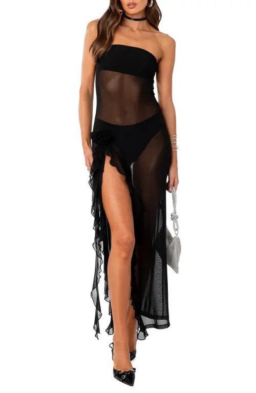EDIKTED Suri Ruffle Sheer Mesh Strapless Maxi Dress in Black at Nordstrom, Size X-Small | Nordstrom