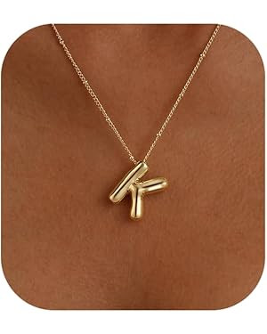 Gold Bubble Letter Necklace for Women, 14k Gold Plated Balloon Initial Letter Pendant Necklace Da... | Amazon (US)