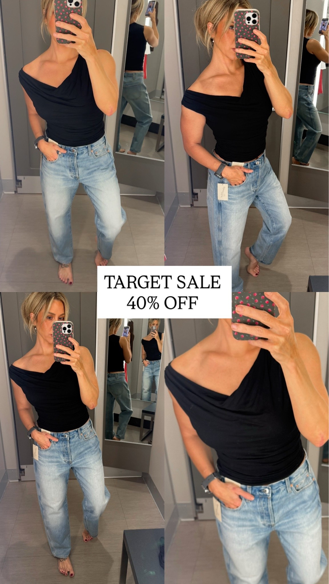 Loving these boyfriend fit jeans from
Target that are on major sale today and tomorrow. The wash is very high end looking - Run slightly oversized but I would still stick with your normal size for a cool girl slouchy fit - wearing size 6. This black top is perfect and so easy to style dressed up or casual! #targetstyle #salealert