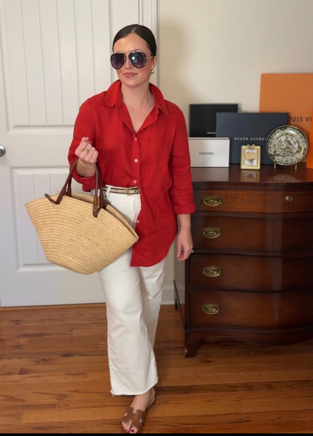 Linen button up 
White wide leg denim 
Brown leather sandals 
Casual spring outfit 
#ltktravel

#LTKSeasonal #LTKootd