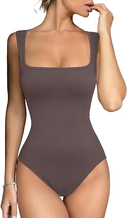 Meyeeka Women's Sexy Seamless Bodysuit Square Neck Sleeveless Tapered Shoulder Straps Tank Tops S... | Amazon (US)