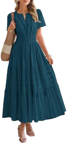BTFBM Womens Summer 2026 Casual Midi Maxi Dresses Lightweight Short Sleeve V Neck Elastic Waist B... | Amazon (US)
