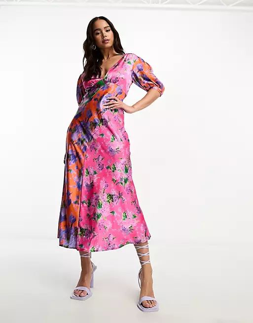 Hope & Ivy contrast print satin midi dress in pink | ASOS (Global)