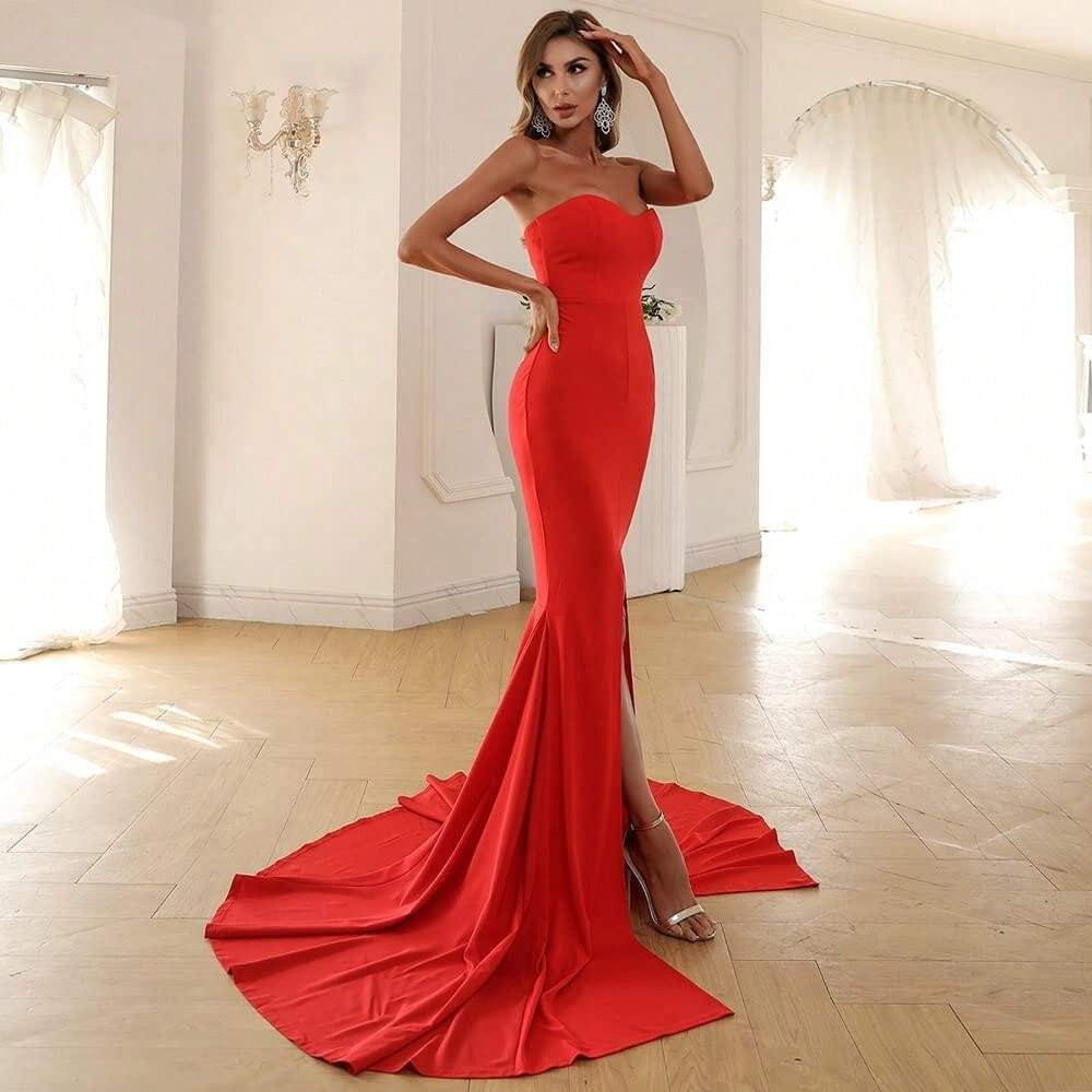 Strapless Asymmetric Slit Front Wedding Evening Party Maxi Dress | SHEIN
