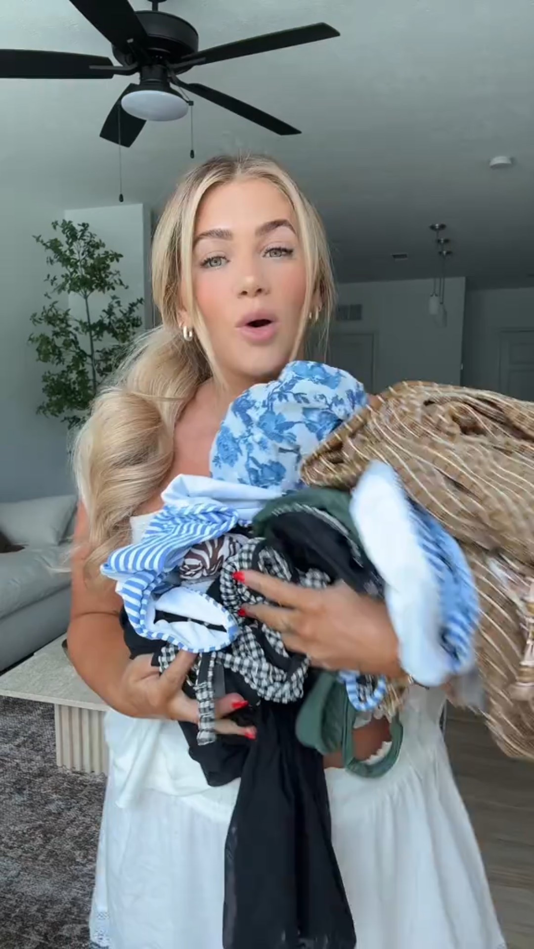 Wearing a large in the top & bottom of my swim!!! Cover-up is a large as well :) 