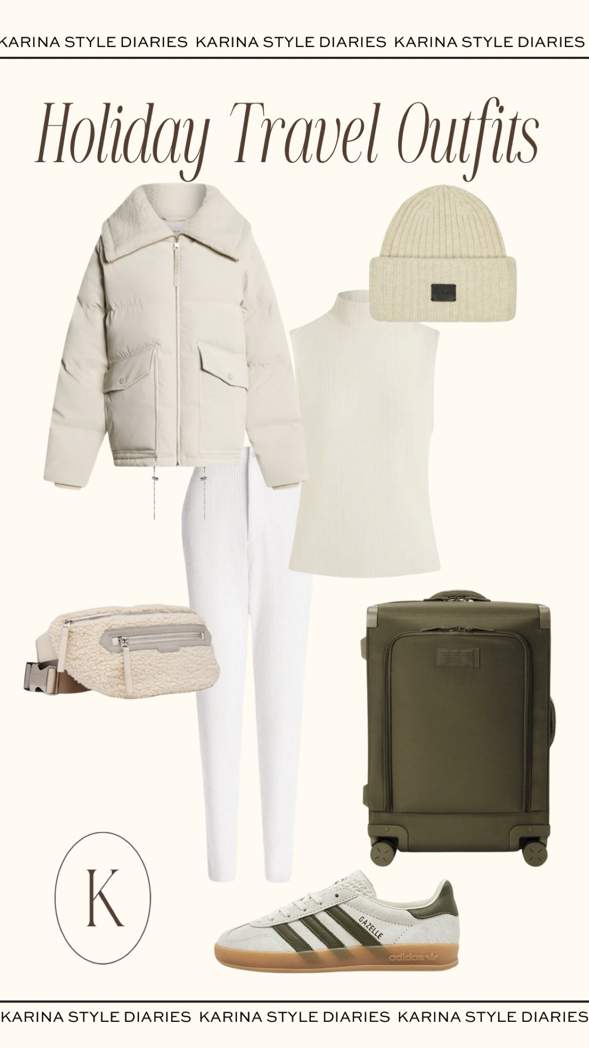 Dress both chic and practical during your holiday travels. This look will keep you warm and cozy from the car to the boarding gate. These tapered trousers are the key to pulling off an elevated look (yes, even in the airport!) They pair perfectly with this ribbed tank but you could also opt for a chunky knit sweater. Keep things casual on the bottom by going with Adidas Samba sneakers and you’ll be set!  

#LTKSeasonal #LTKTravel #LTKStyleTip