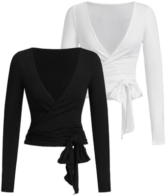 SweatyRocks Women's Pilates Outfits Wrap Tops Ballet Yoga Coquette Shirt Cute Long Sleeve Workout... | Amazon (US)