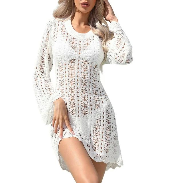 TQWQT Swimsuit Coverup for Women Crochet Hollow Out Long Sleeve Round Neck Beach Swimsuit Bathing... | Walmart (US)