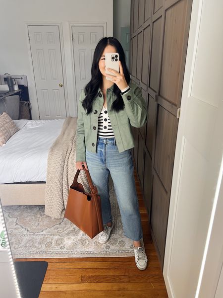 50% off this weekend only!

Light green cropped jacket (XS)
Black and white striped top (XS)
High waisted straight jeans (27P)
Brown bag
White sneakers (TTS)
Smart casual outfit
Spring outfit
Weekend outfit
Mom outfit
LOFT outfit

#LTKsalealert #LTKstyletip #LTKfindsunder50