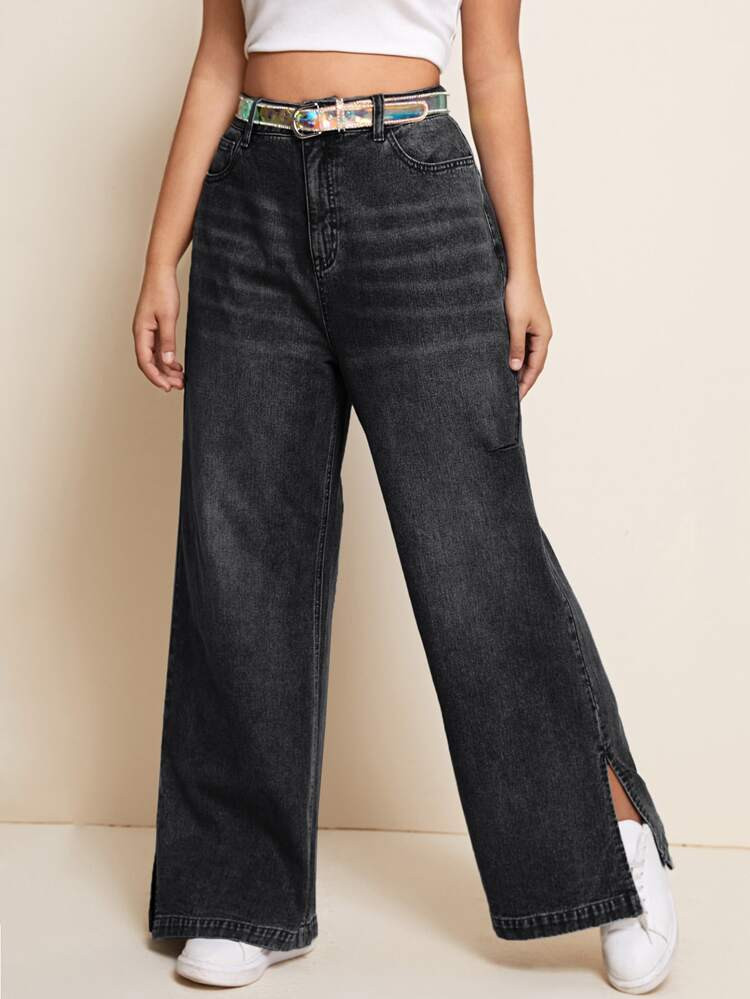 Plus Split Hem Wide Leg Jeans Without Belt | SHEIN