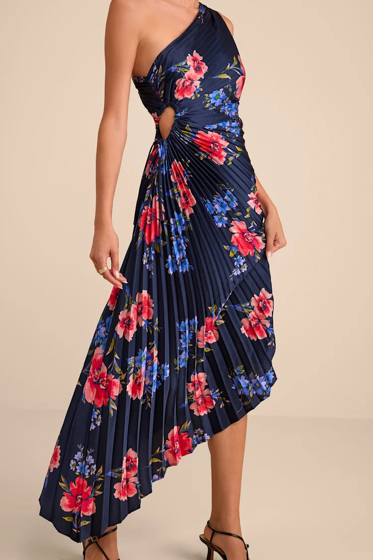 Mariella Navy Multi Floral Satin Pleated Midi Dress | Lulus