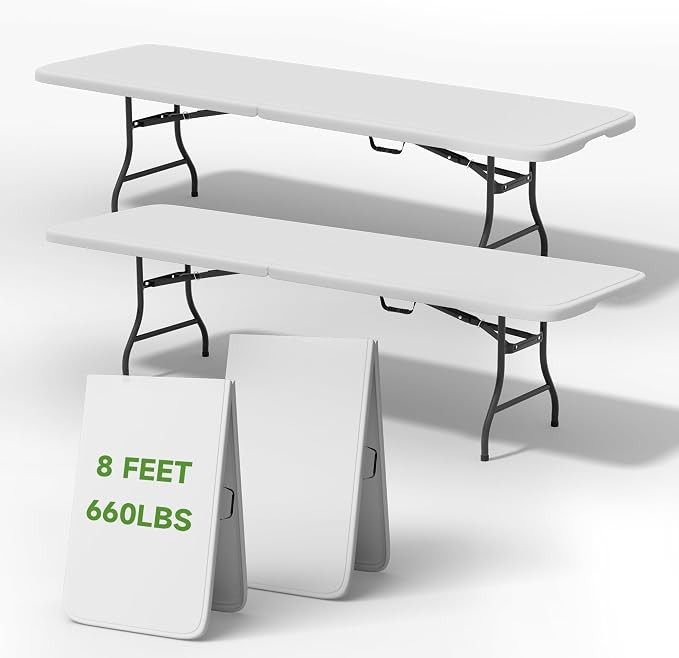 Folding Table 8 Foot - Heavy Duty 660LBS Capacity, Sturdy & Foldable Design with Safety Lock - Po... | Amazon (US)