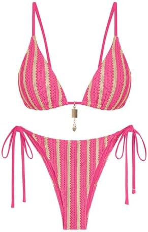 ZAFUL Crochet Bikini Sets for Women Cheeky Boho Bathing Suits Striped Brazilian High Cut Thong Bi... | Amazon (US)