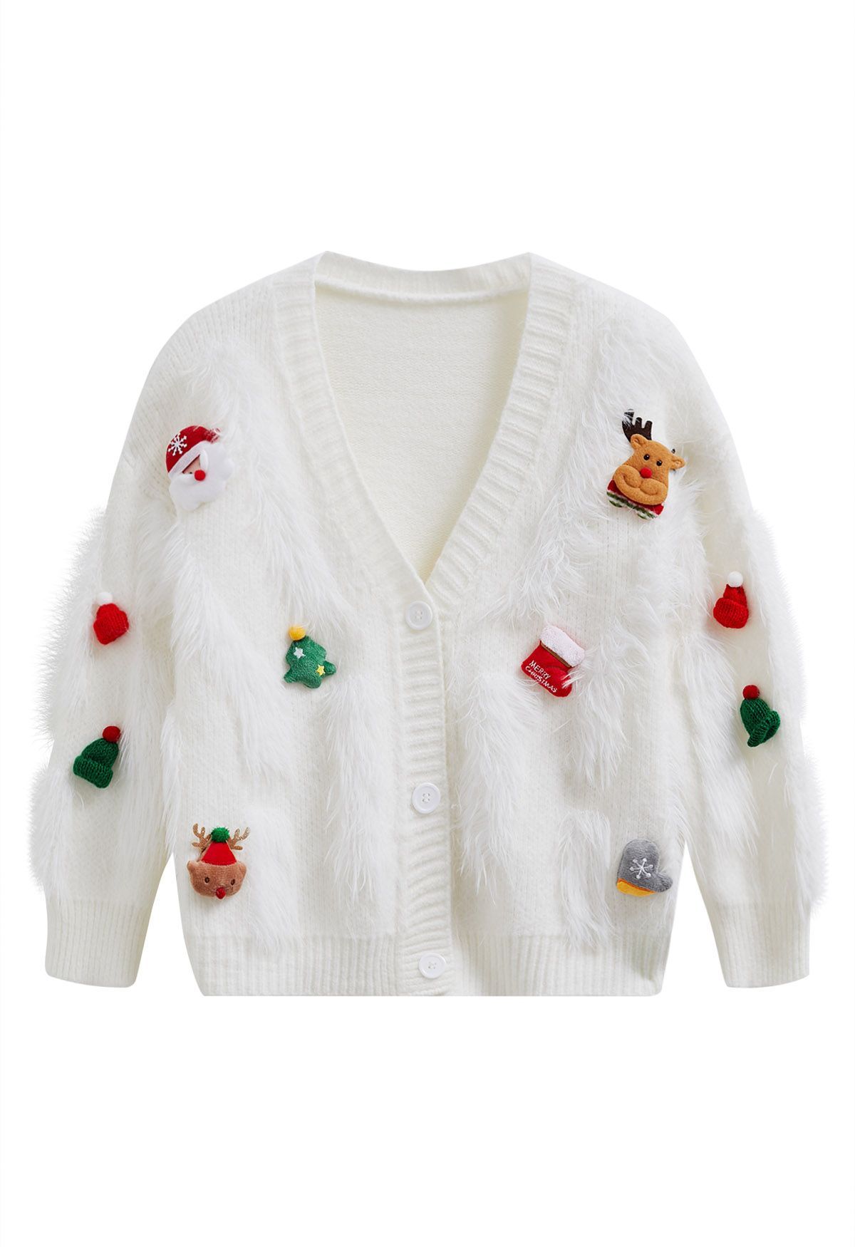 Christmas Elements Fluffy Knit Cardigan in White | Chicwish