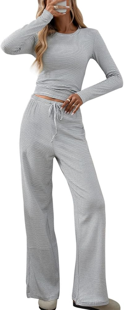 CHYRII Womens Two Piece Sets Fall Fashion Striped Long Sleeve Tops Wide Leg Palazzo Pants Outfits... | Amazon (US)