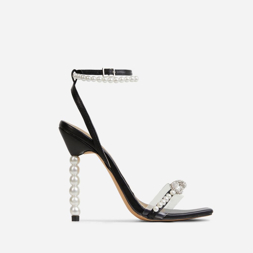 Sweet-Dream Diamante Bow Detail Clear Perspex Strap Square Toe Pearl Stiletto Heel In Black Faux ... | EGO Shoes (US & Canada)