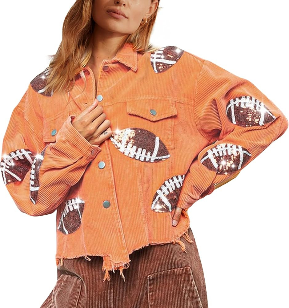 SeekMe Women's Cropped Corduroy Jacket Football Sequin Patched Short Button Raw Hem Jacket Coat | Amazon (US)