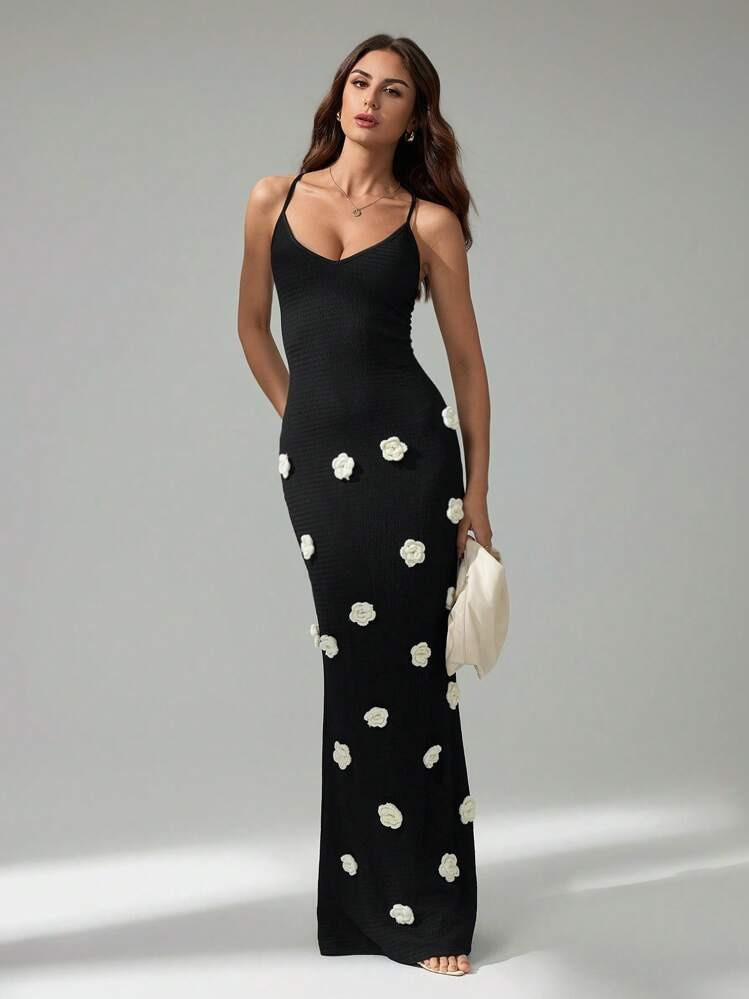 SHEIN Tall Women's 3D Floral Decor Fitted Maxi Slip Dress,Party Dress | SHEIN