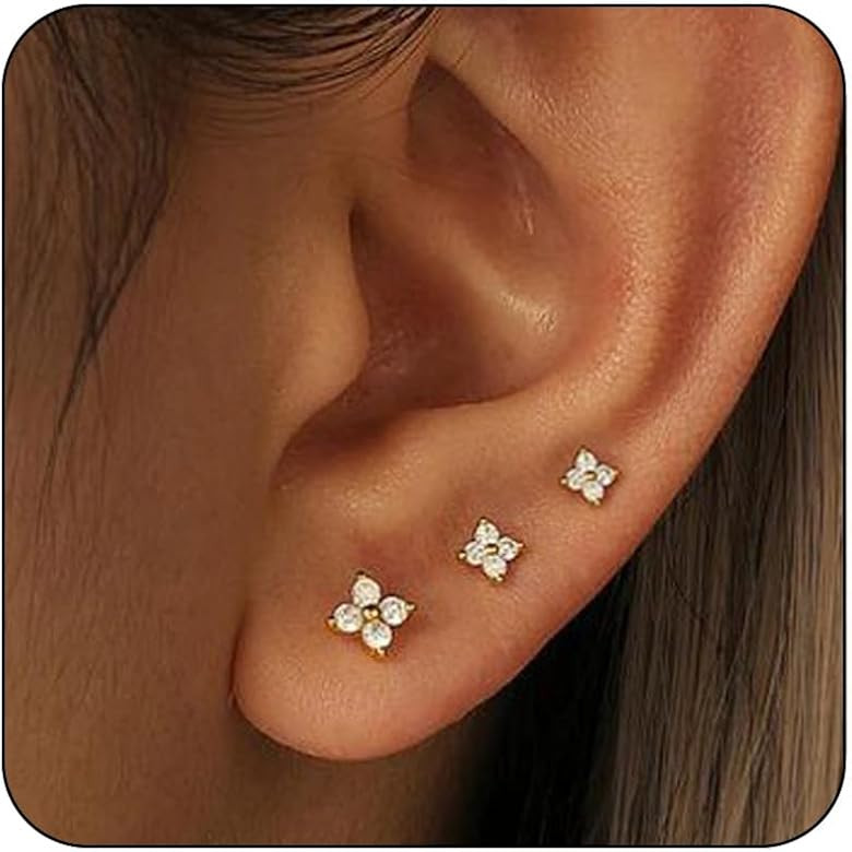 3 Pairs 14K Gold Stud Earring Sets for Women Dainty 925 Sterling Silver Earrings for Multiple Pie... | Amazon (US)