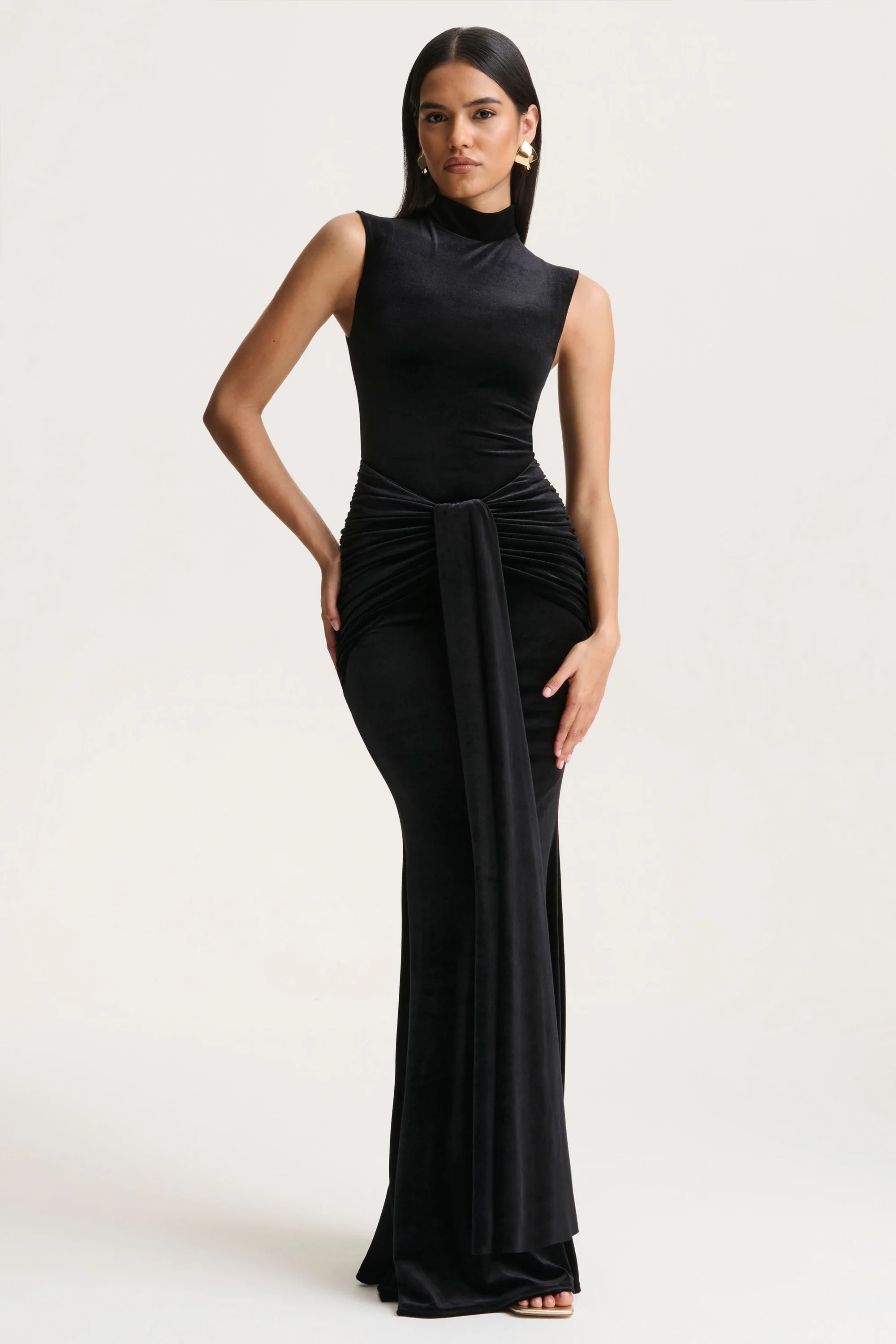 Idalina | Black Velvet High-Neck Maxi Dress With Gathered-Detailing | Club L London