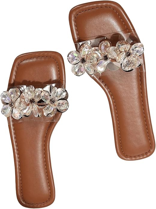 OYOANGLE Women's Rhinestone Flower Decor Clear Strap Sandals Square Toe Flat Sandals | Amazon (US)