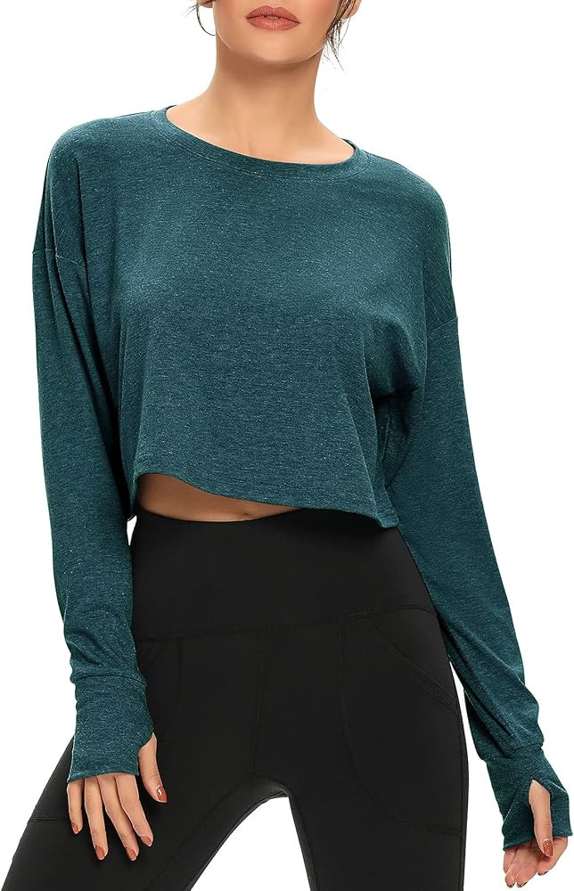Long Sleeve Crop Top for Women Loose Workout Thumb Hole Tops | Amazon (US)
