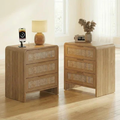 Rattan Nightstand with 2 Drawers & Charging Station, Modern Bedside Table with Open Shelf and Curved Design for Bedroom | Wayfair North America