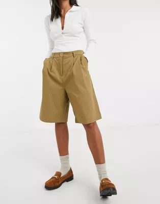 Vila tailoring longline shorts in brown | ASOS (Global)