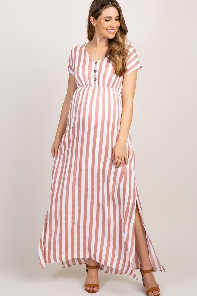 Mauve Striped Button Front Maternity Maxi Dress | PinkBlush Maternity