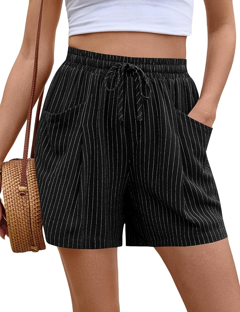 AKEWEI Linen Shorts Women Casual Wide Leg High Waisted Summer Outfits Comfy Elastic Waist Beach S... | Amazon (US)