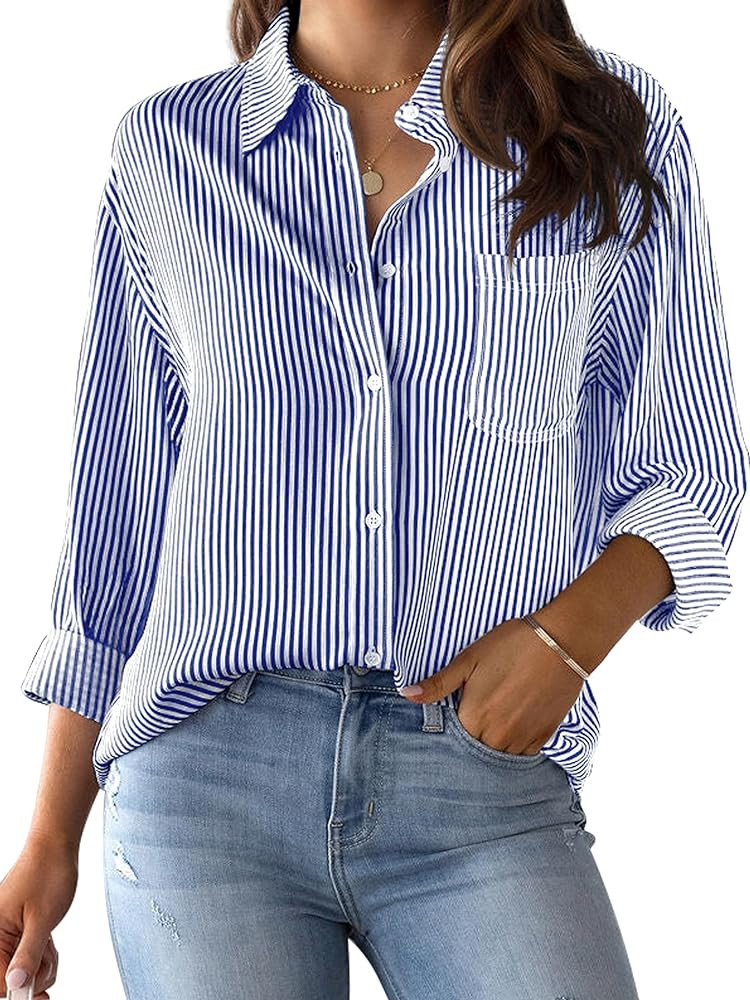 CUNLIN Grade 4 Wrinkle-Resistant Women's Button Down Shirts Striped Long Sleeve Collared Blouses ... | Amazon (US)