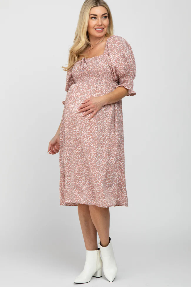 Pink Animal Print Smocked Maternity Midi Dress | PinkBlush Maternity