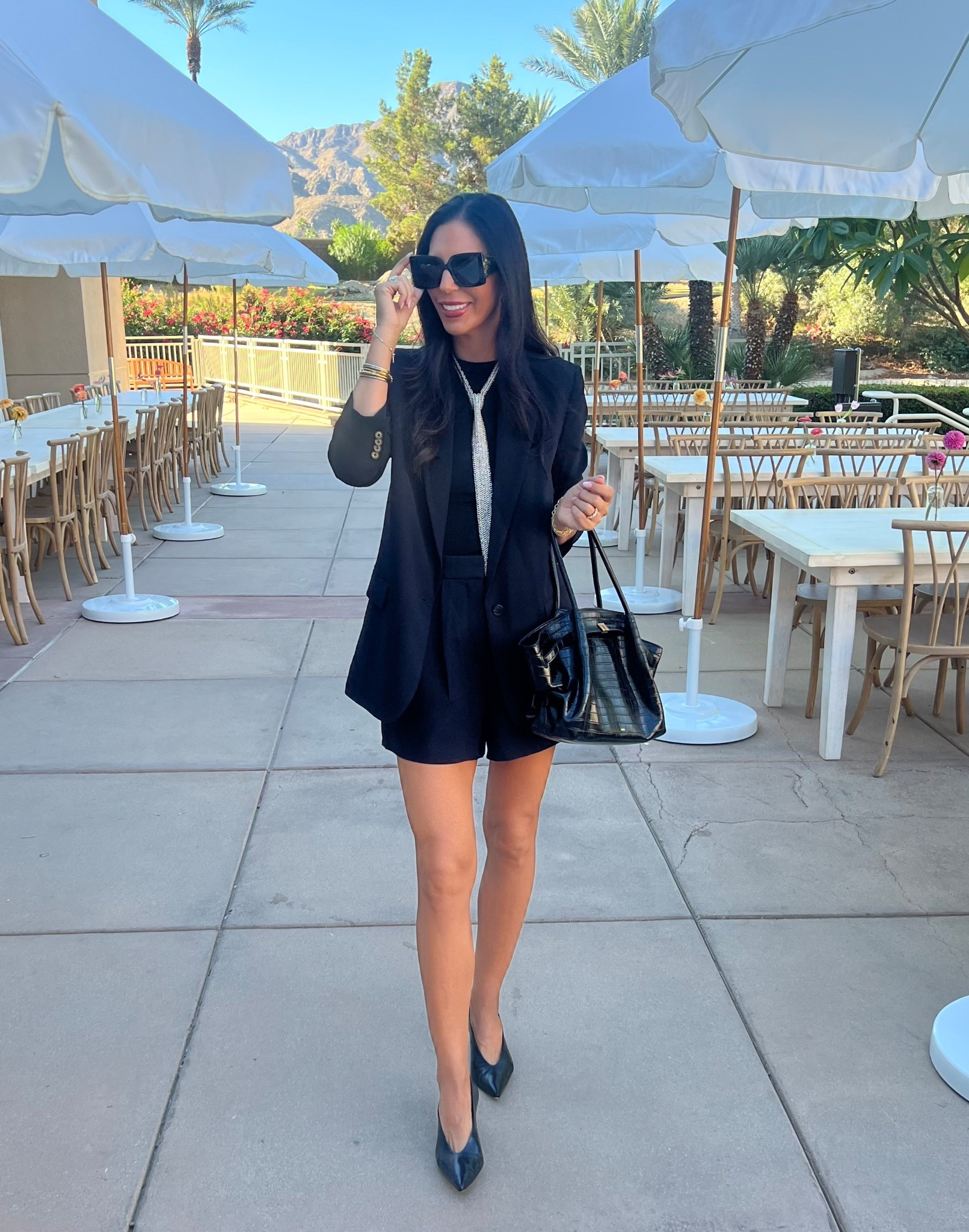 Monochromatic look for day 1 of Amazon SUMMIT 
blazer - medium 
Shorts- 4 or a size 4 
This bag is a designer look for less 