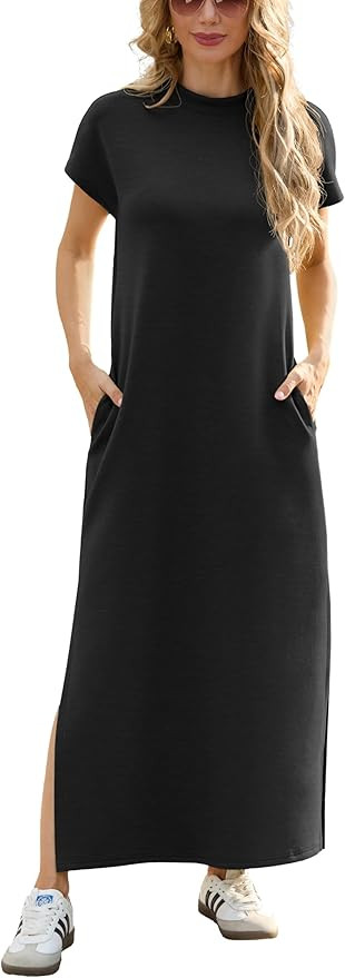 GRECERELLE 2025 Women Summer Mock Neck Short Sleeve Casual Loose Split Wrinkle-Free Long Maxi Dre... | Amazon (US)