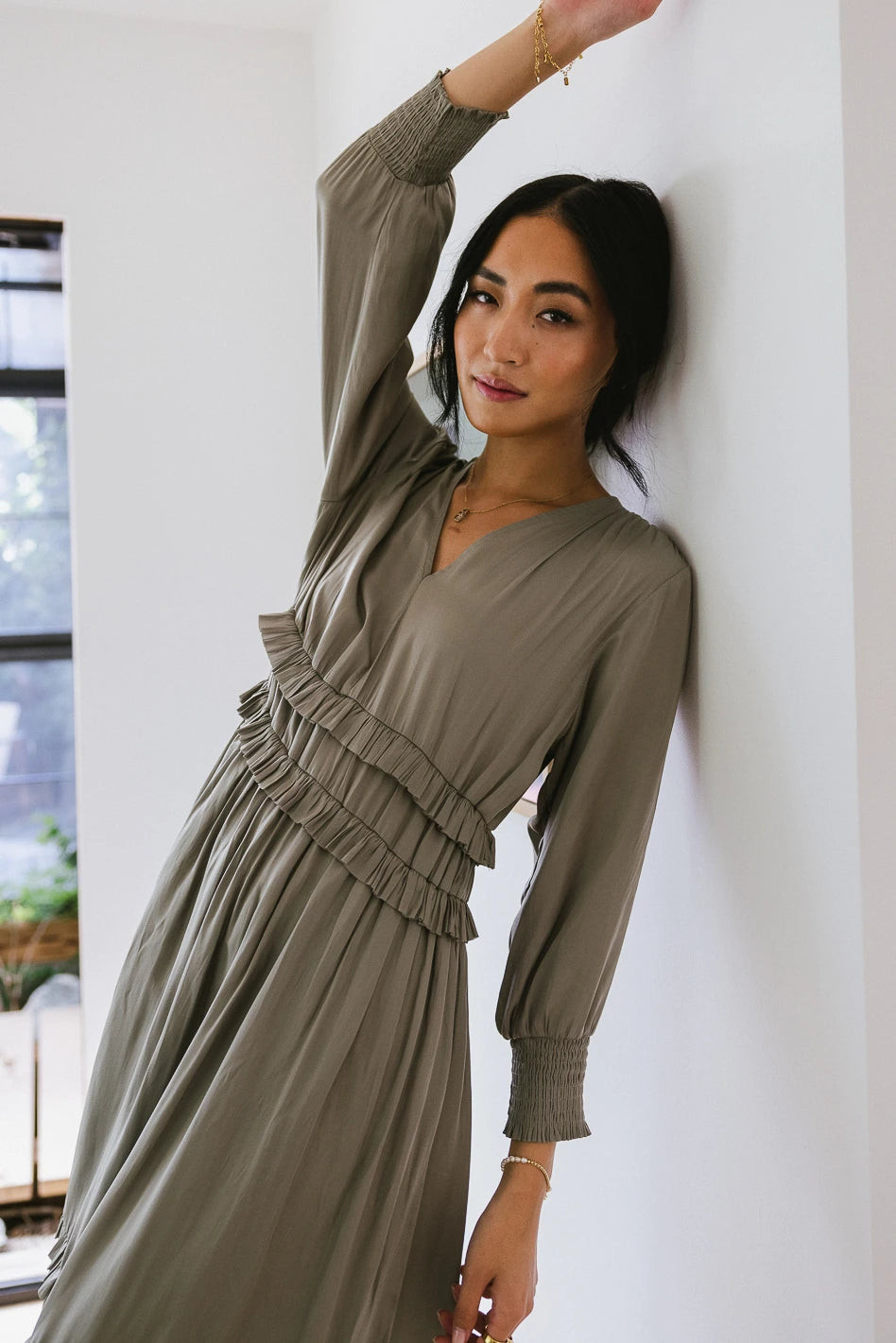 Willa Sleeved Ruffle Dress in Sage | Böhme US